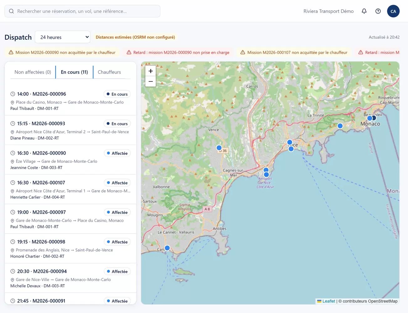 Dispatch : missions en cours sur la carte et bandeau d’alertes (exemple de démonstration).