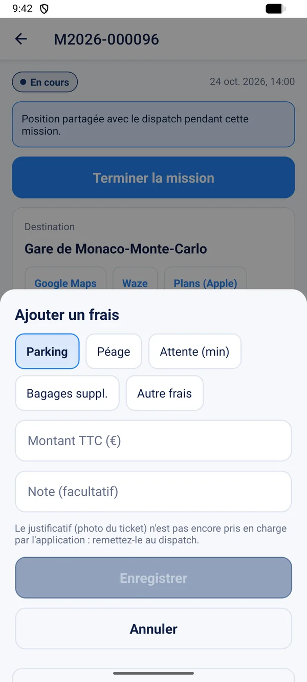 Ajout d'un frais depuis l'application : parking, péage, attente, bagages supplémentaires ou autre.