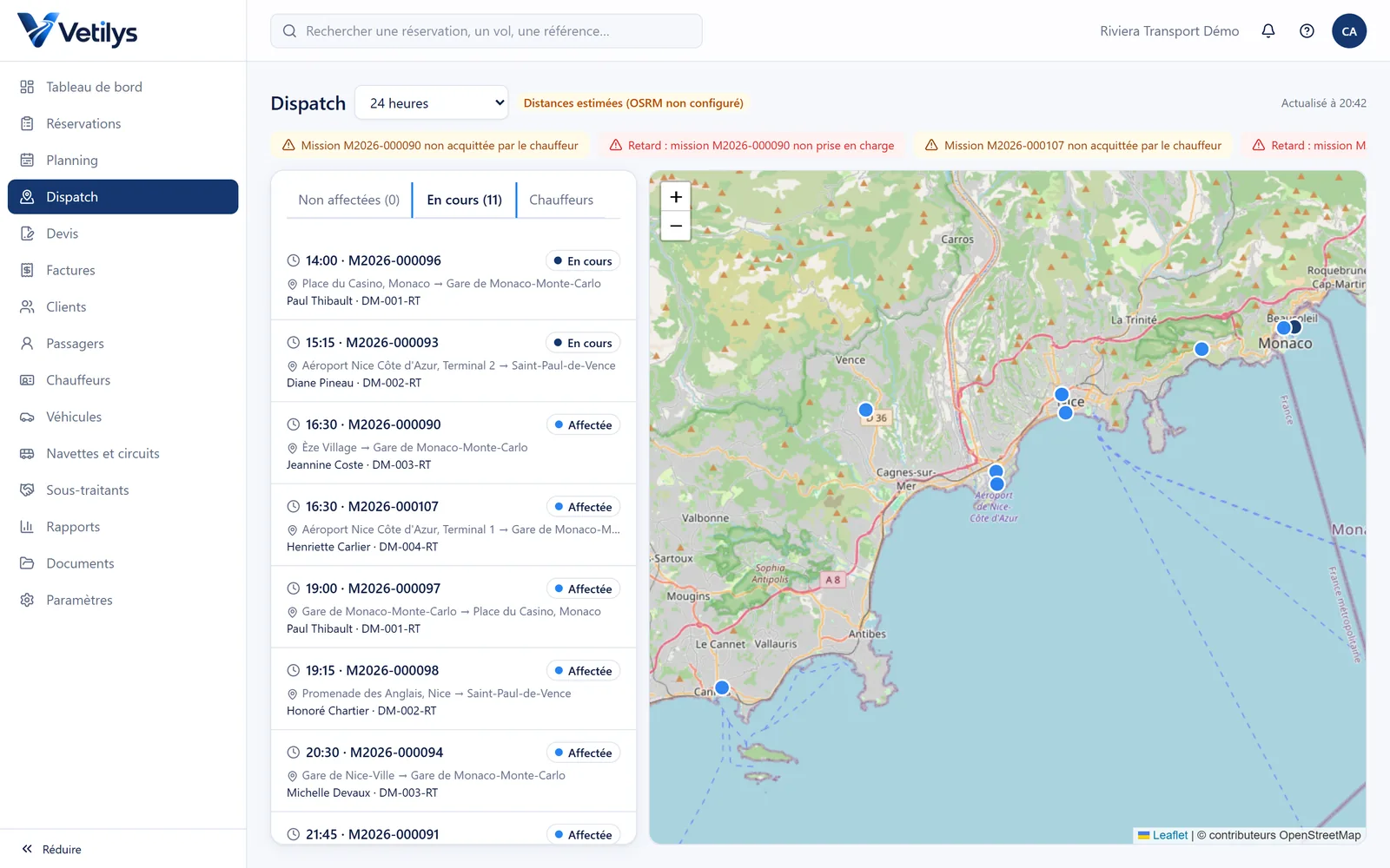Le dispatch : liste des missions en cours, carte de la Côte d’Azur et bandeau d’alertes (exemple de démonstration).