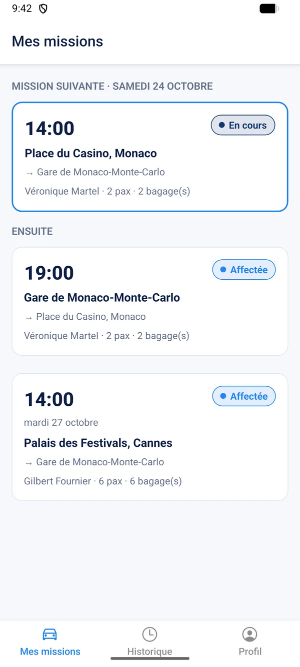 Application chauffeur : la mission suivante et les missions affectées