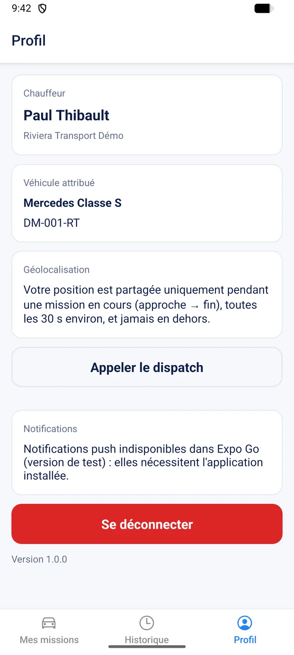 Capture de l'application chauffeur Vetilys