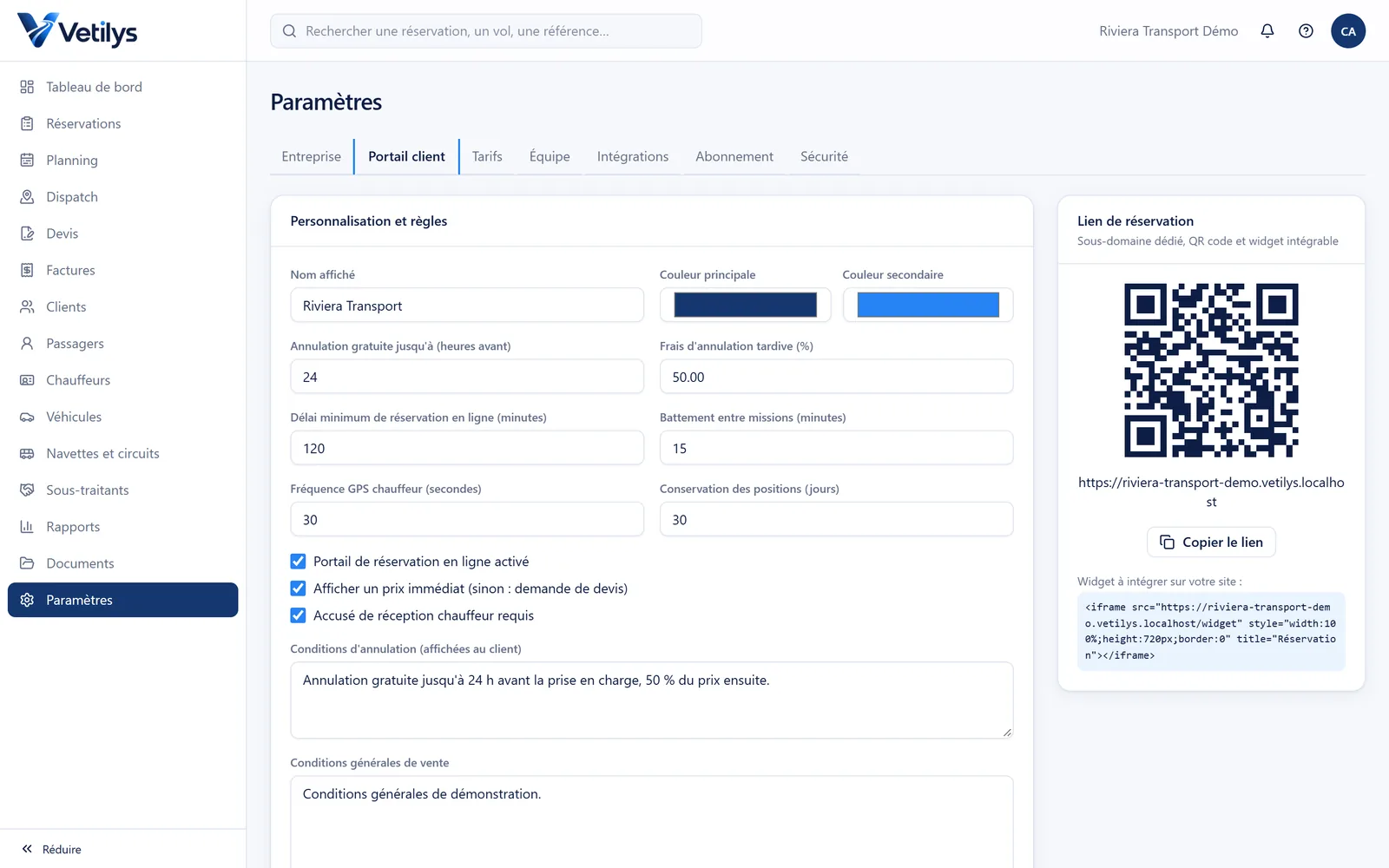 Personnalisation du portail : couleurs, conditions, QR code et widget (exemple de démonstration).