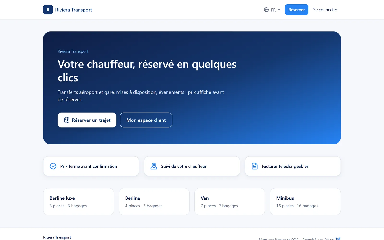 Page d’accueil du portail de réservation avec les catégories de véhicules