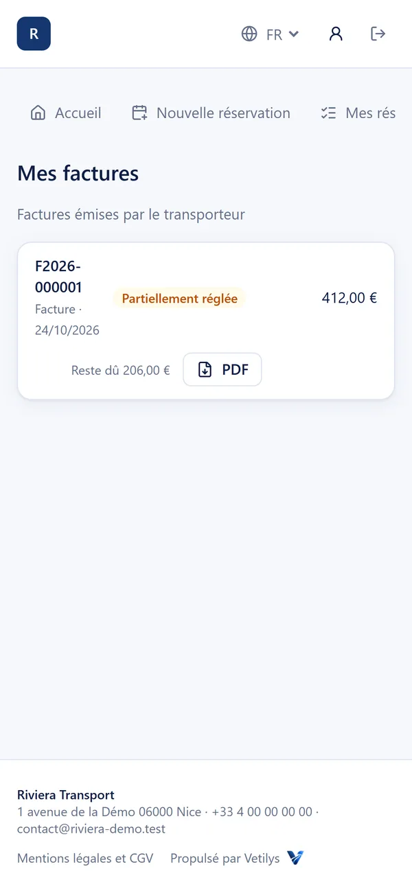 Espace client sur téléphone : factures en PDF et reste dû (démonstration).