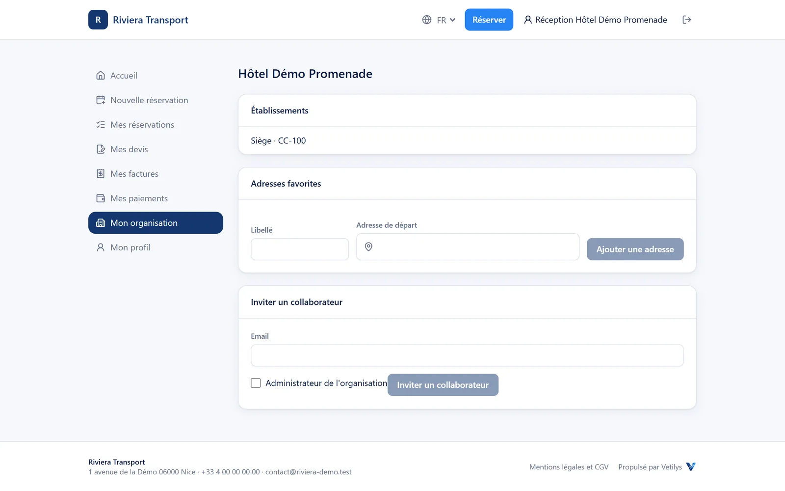 Espace compte entreprise du portail avec établissements, adresses favorites et invitation d’un collaborateur